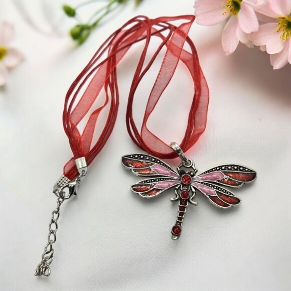 Red Dragonfly Rhinestone Enamel Pendant Ribbon Cord Necklace Fairy Kawaii Whimsy - Picture 3 of 8